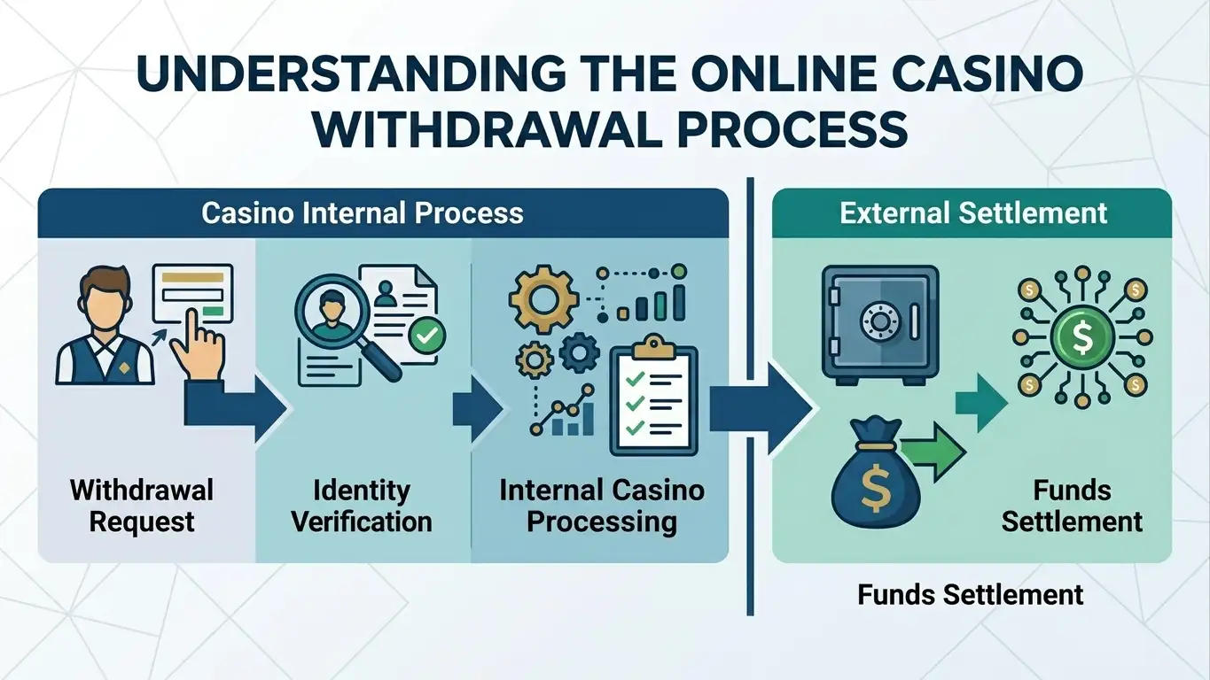 Neutral four-step withdrawal flow showing request, verification review, casino processing and external settlement